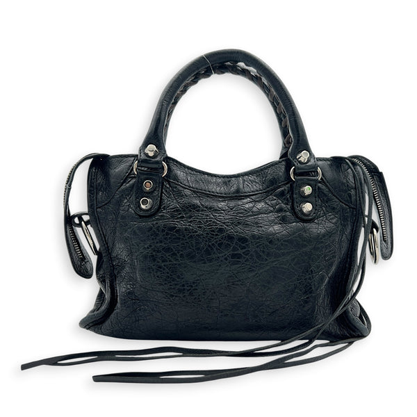 City Mini Noir Top Handle Bag in Distressed Leather, Silver hardware