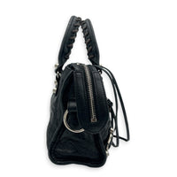 City Mini Noir Top Handle Bag in Distressed Leather, Silver hardware