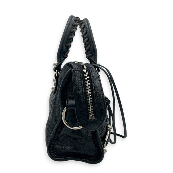 City Mini Noir Top Handle Bag in Distressed Leather, Silver hardware