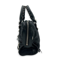 City Mini Noir Top Handle Bag in Distressed Leather, Silver hardware