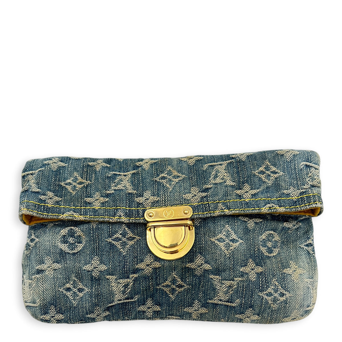 Monogram Pochette Plat Blue Pouch in Denim,  hardware