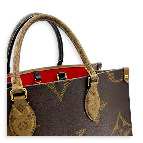 OnTheGo Top Handle Bag MM Brown in Coated Canvas, Gold hardware