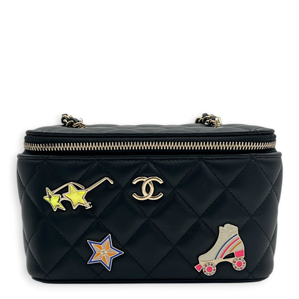 Quilted Roller Skate Charm Black Vanity Bag in Lambskin, Gold hardware