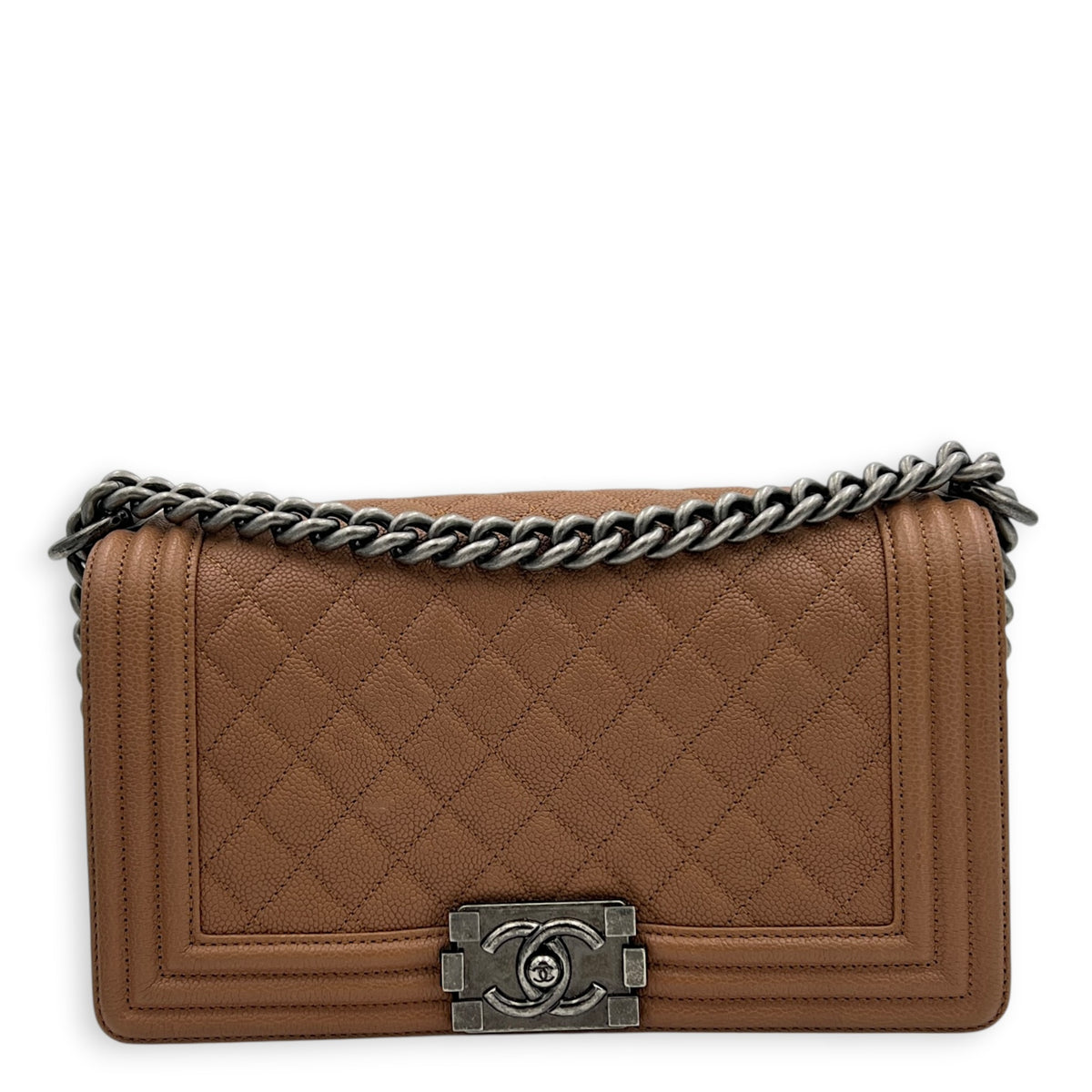 Boy Medium Brown Shoulder Bag in Caviar Leather, Ruthenium hardware
