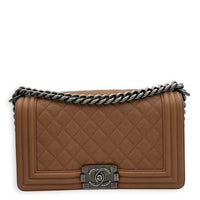 Boy Medium Brown Shoulder Bag in Caviar Leather, Ruthenium hardware