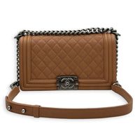 Boy Medium Brown Shoulder Bag in Caviar Leather, Ruthenium hardware