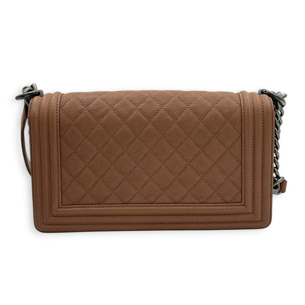 Boy Medium Brown Shoulder Bag in Caviar Leather, Ruthenium hardware