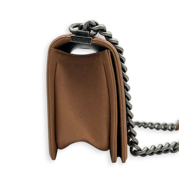 Boy Medium Brown Shoulder Bag in Caviar Leather, Ruthenium hardware
