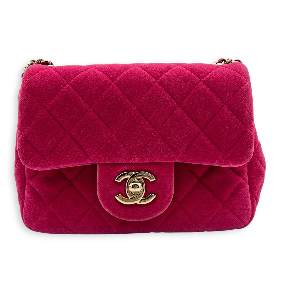 Mini Square Crystal Pearl Crush Pink Crossbody Bag in Velvet, Gold hardware