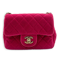 Mini Square Crystal Pearl Crush Pink Crossbody Bag in Velvet, Gold hardware