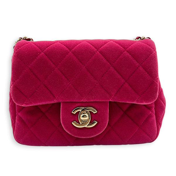 Mini Square Crystal Pearl Crush Pink Crossbody Bag in Velvet, Gold hardware