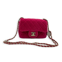 Mini Square Crystal Pearl Crush Pink Crossbody Bag in Velvet, Gold hardware