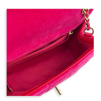 Mini Square Crystal Pearl Crush Pink Crossbody Bag in Velvet, Gold hardware