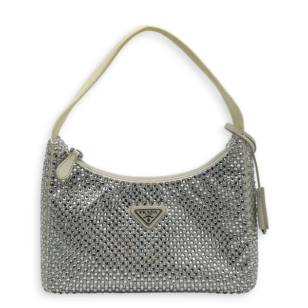 Re-Edition 2000 Crystal White Shoulder Bag in Re-Nylon, Silver hardware