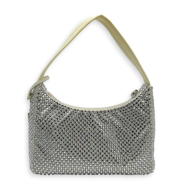 Re-Edition 2000 Crystal White Shoulder Bag in Re-Nylon, Silver hardware