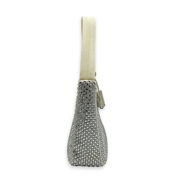 Re-Edition 2000 Crystal White Shoulder Bag in Re-Nylon, Silver hardware