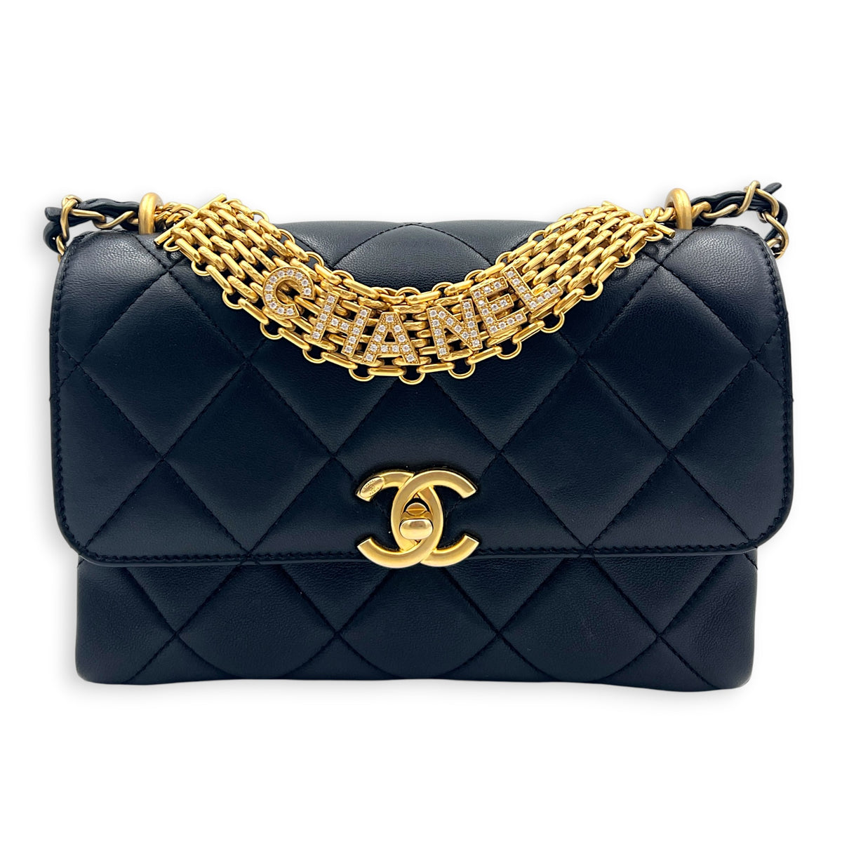Quilted CC Crystal Logo Chain Mini Black Top Handle Bag in Lambskin,  hardware