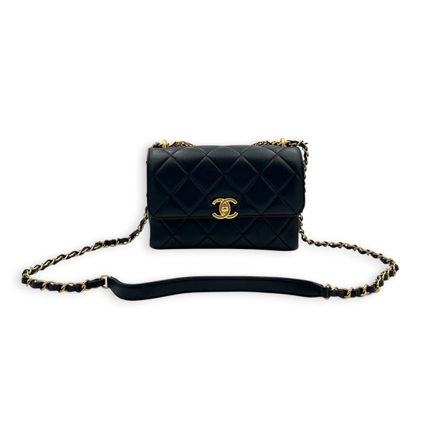 Quilted CC Crystal Logo Chain Mini Black Top Handle Bag in Lambskin,  hardware
