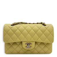 Classic Double Flap Shoulder Bag Small Yellow in Caviar Leather, Gold hardware