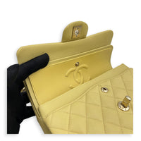 Classic Double Flap Shoulder Bag Small Yellow in Caviar Leather, Gold hardware