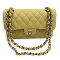 Classic Double Flap Shoulder Bag Small Yellow in Caviar Leather, Gold hardware