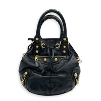 PomPon Black Top Handle Bag in Lambskin, Gold hardware