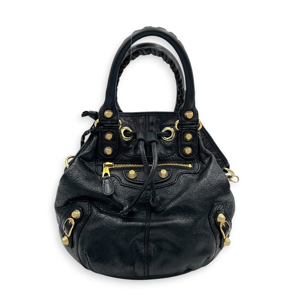 PomPon Black Top Handle Bag in Lambskin, Gold hardware