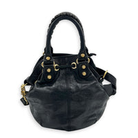 PomPon Black Top Handle Bag in Lambskin, Gold hardware