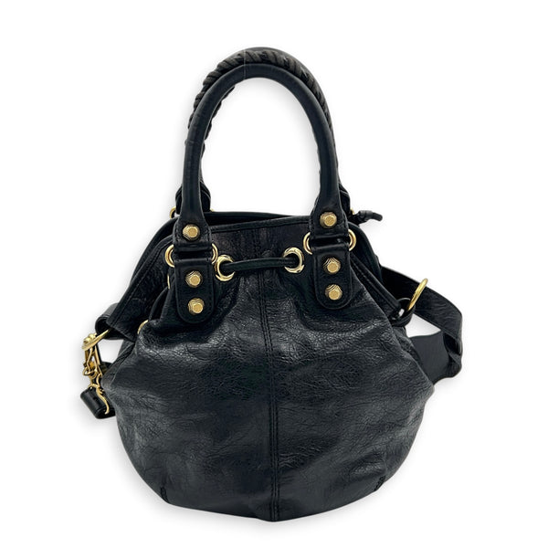 PomPon Black Top Handle Bag in Lambskin, Gold hardware