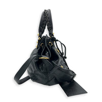 PomPon Black Top Handle Bag in Lambskin, Gold hardware