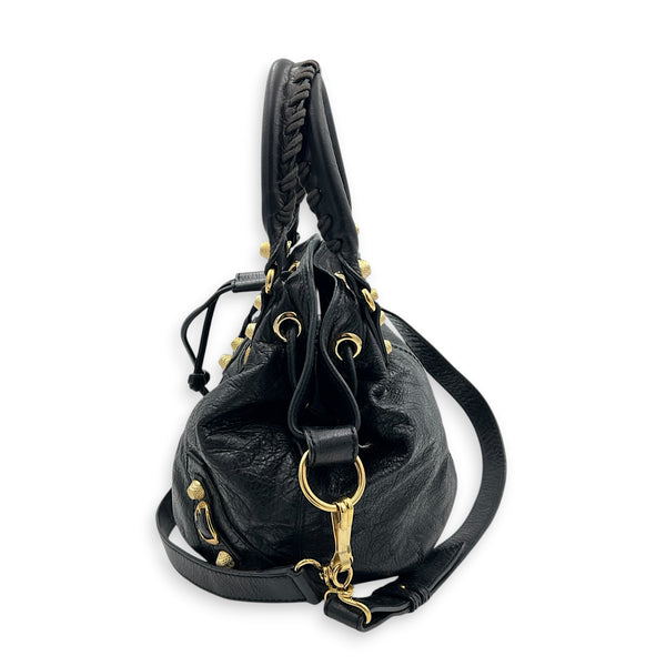 PomPon Black Top Handle Bag in Lambskin, Gold hardware