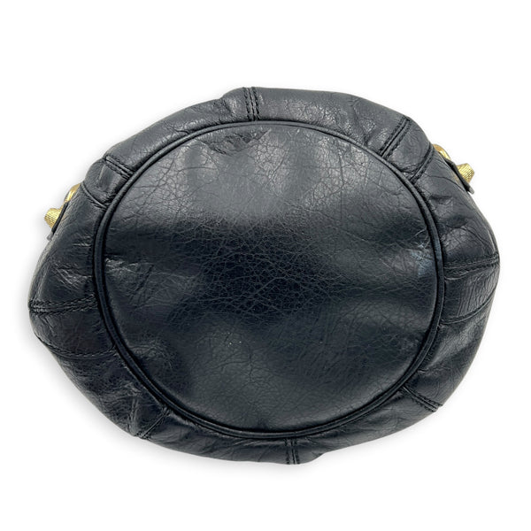 PomPon Black Top Handle Bag in Lambskin, Gold hardware