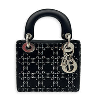 Lady Dior Black Strass Cannage Top Handle Bag in Satin, Silver hardware