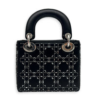 Lady Dior Black Strass Cannage Top Handle Bag in Satin, Silver hardware