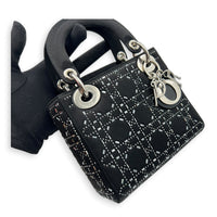 Lady Dior Black Strass Cannage Top Handle Bag in Satin, Silver hardware