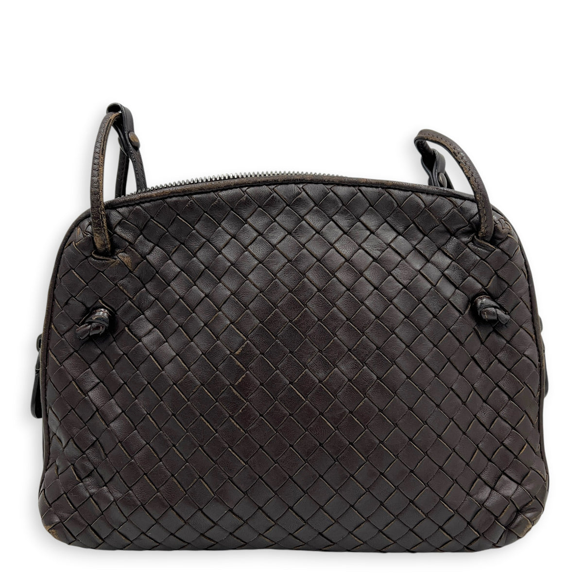 Nodini Brown Crossbody Bag in Intrecciato Leather, Gunmetal hardware