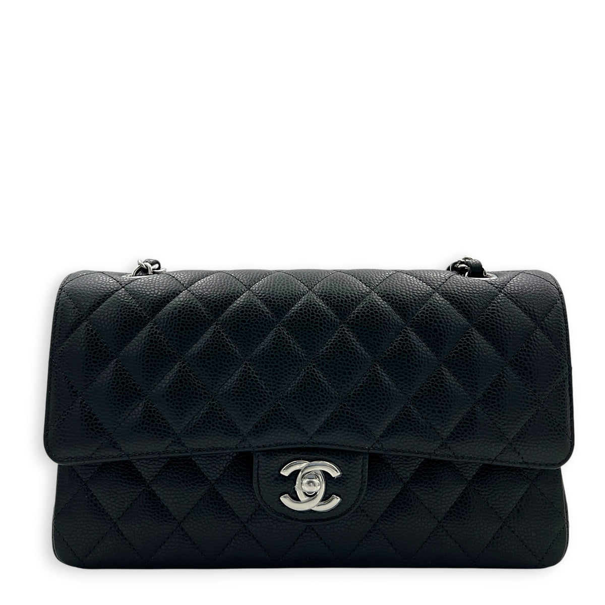 Classic Double Flap Medium Black Shoulder Bag in Caviar Leather, Silver hardware