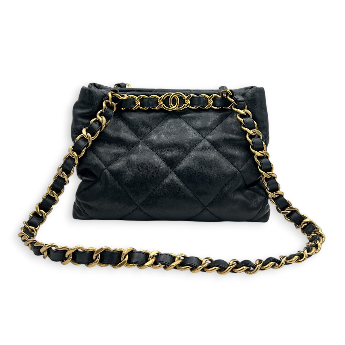 Quilted  Shopping Black Tote Bag in Lambskin, Gold hardware