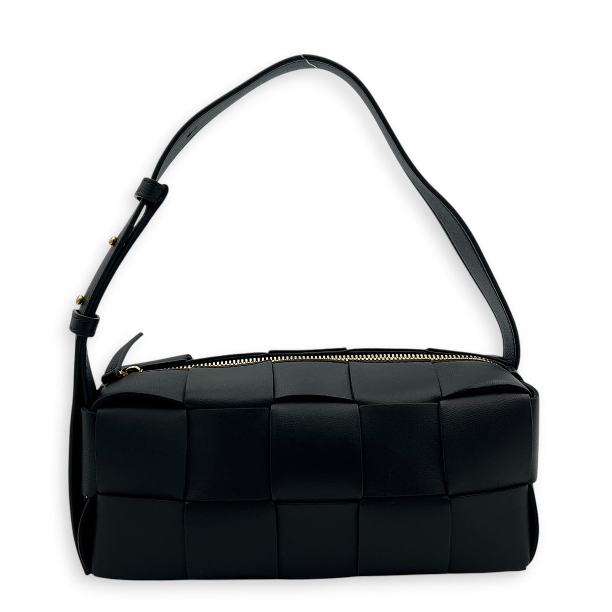 Cassette Brick Shoulder Bag Small Black in Intrecciato Leather, Gold hardware