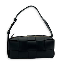 Cassette Brick Shoulder Bag Small Black in Intrecciato Leather, Gold hardware
