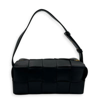 Cassette Brick Shoulder Bag Small Black in Intrecciato Leather, Gold hardware