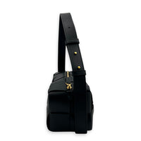 Cassette Brick Shoulder Bag Small Black in Intrecciato Leather, Gold hardware