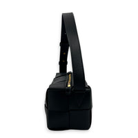 Cassette Brick Shoulder Bag Small Black in Intrecciato Leather, Gold hardware