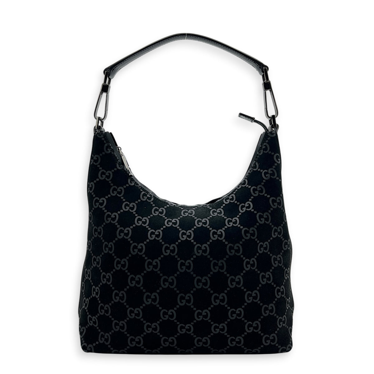 Hobo Shoulder Bag Black in Suede Leather, Silver hardware