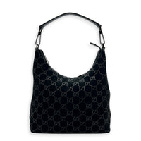 Hobo Shoulder Bag Black in Suede Leather, Silver hardware