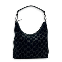 Hobo Shoulder Bag Black in Suede Leather, Silver hardware