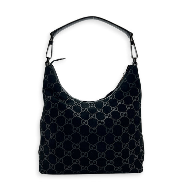 Hobo Shoulder Bag Black in Suede Leather, Silver hardware