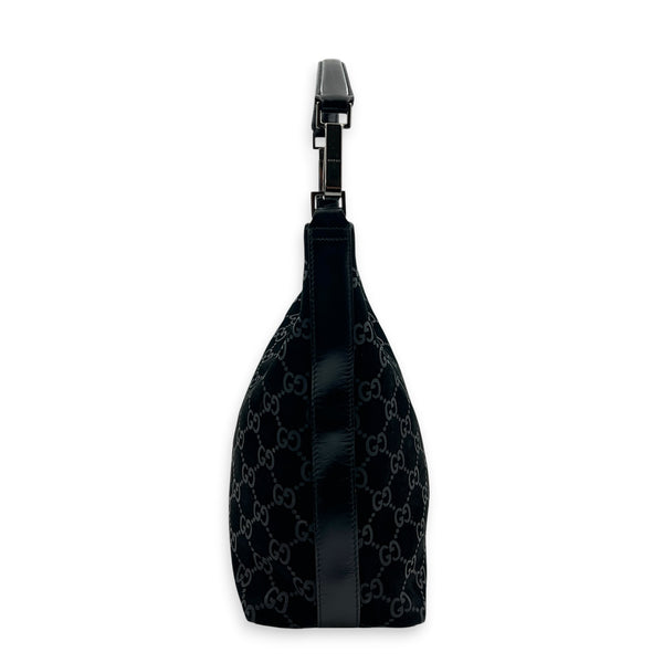 Hobo Shoulder Bag Black in Suede Leather, Silver hardware