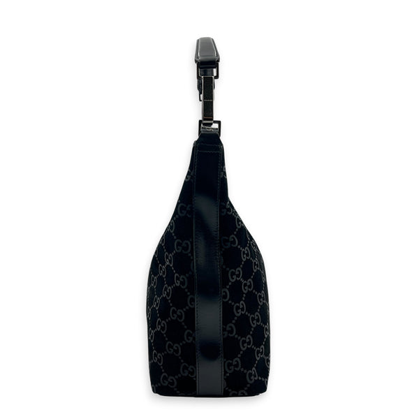 Hobo Shoulder Bag Black in Suede Leather, Silver hardware