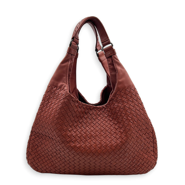 Campana Red Shoulder Bag in Intrecciato Leather, Ruthenium hardware